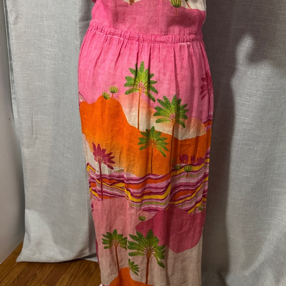 Pin-Up Stars Linen Maxi Dress-Sz S-Flutter Sleeve-Pink/Orange/Green-Sexy V Neck - Picture 12 of 17